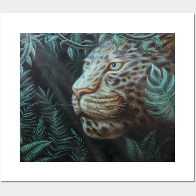 Jaguar in the Jungle with Sunlight Passing Through Green Leaves Wall Art by SPACE ART & NATURE SHIRTS 